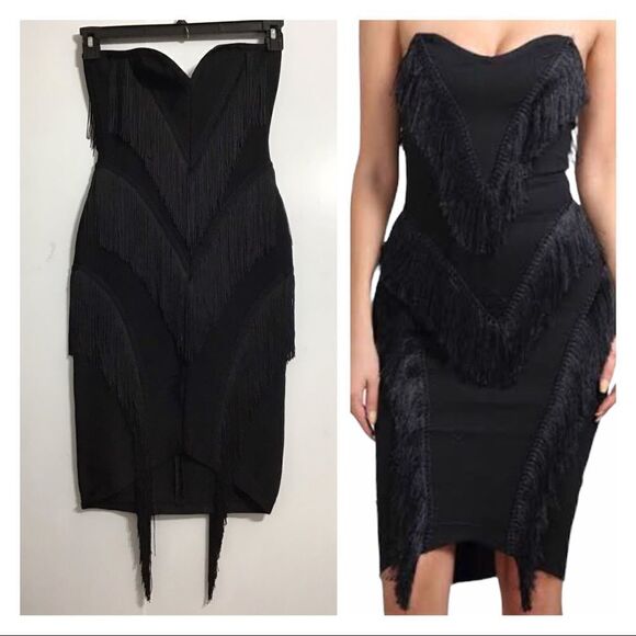 ATHINA Black Bandage Strapless Fringe Mini Dress New Size Small - Picture 1 of 9